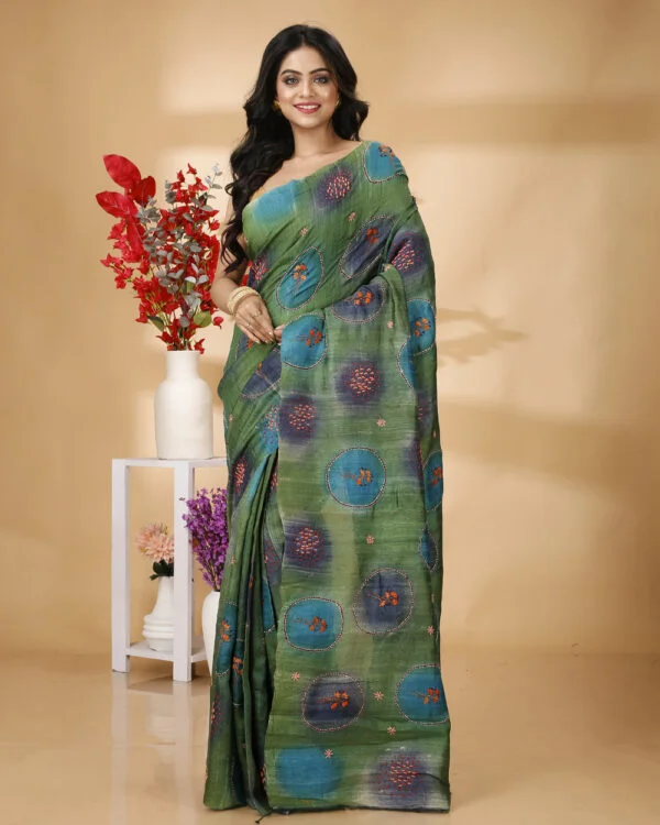 BLUE BEES- Kantha Embroidery Tussar Silk Sarees