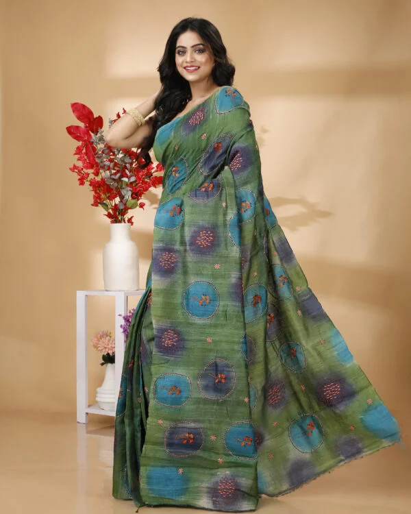 BLUE BEES- Kantha Embroidery Tussar Silk Sarees