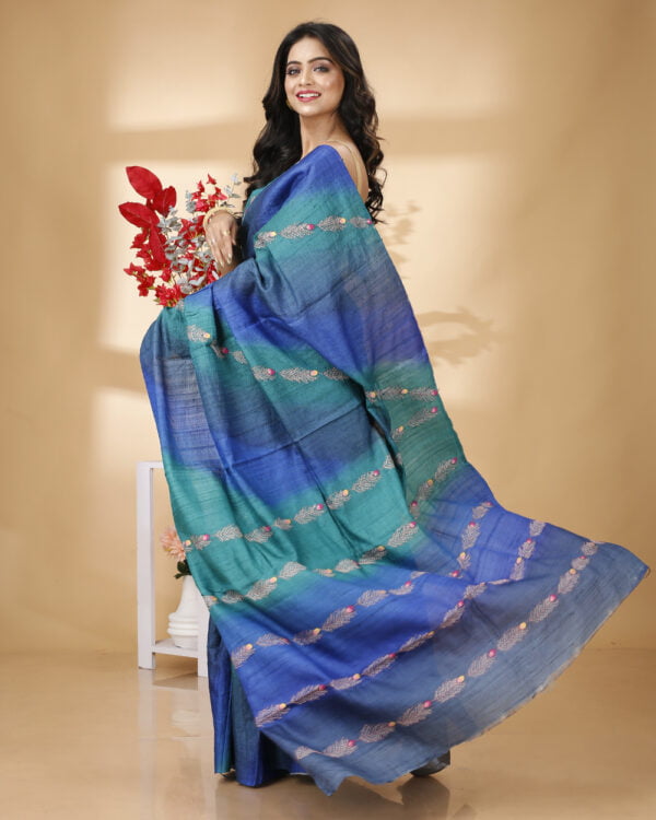 Blue & Green Kantha Embroidery Tussar Saree- CREATION