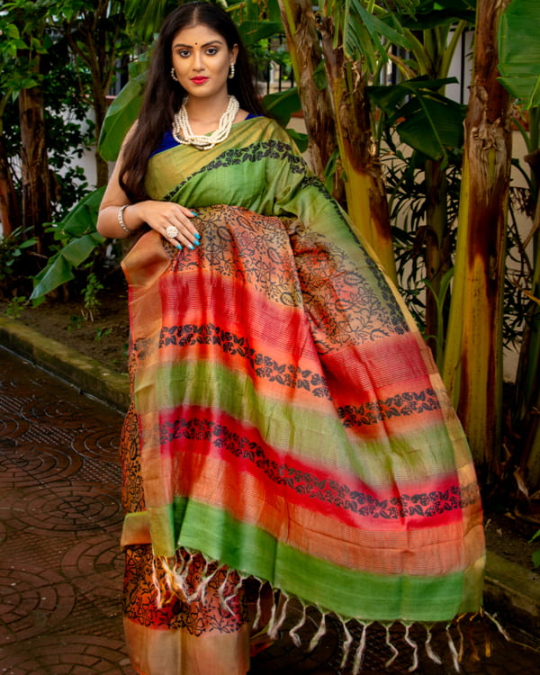 Green & Red Tussar Silk Saree By Nakshipar