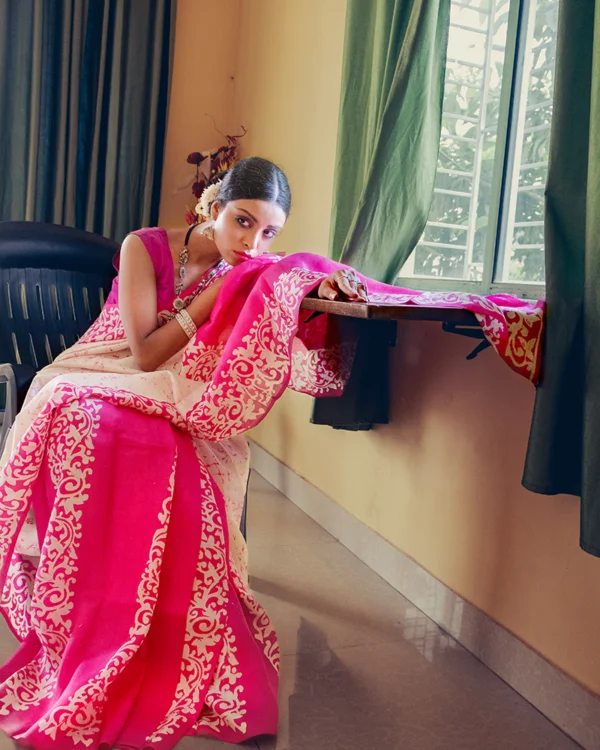 white and pink saree