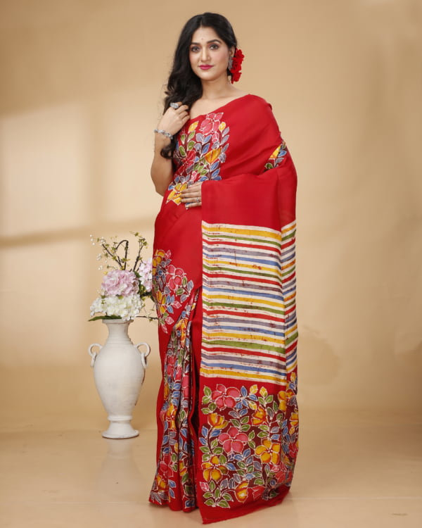 Nakshipar Red & Multicolour Floral Print Saree