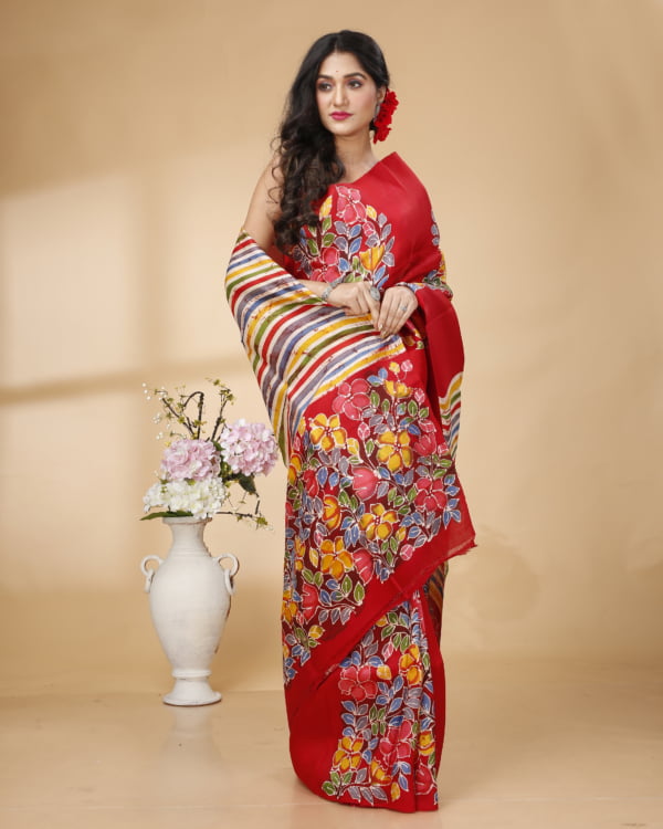 Nakshipar Red & Multicolour Floral Print Saree