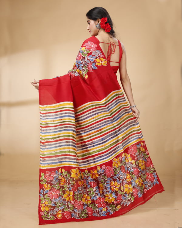 Nakshipar Red & Multicolour Floral Print Saree