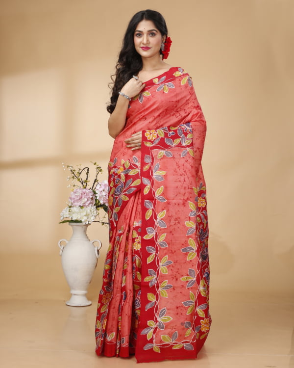 Nakshipar Peach and Red Crack Patly Pallu Design Murshidabad Silk Saree