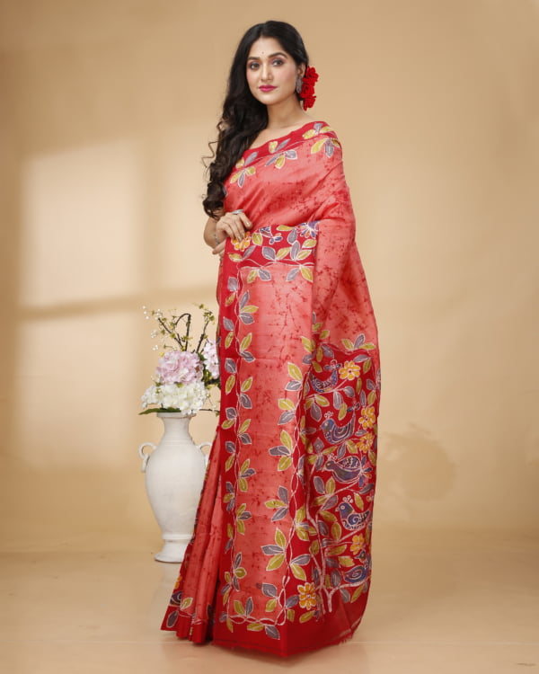 Nakshipar Peach and Red Crack Patly Pallu Design Murshidabad Silk Saree