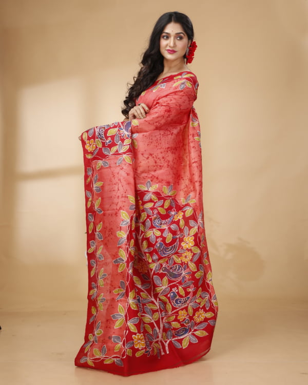 Nakshipar Peach and Red Crack Patly Pallu Design Murshidabad Silk Saree