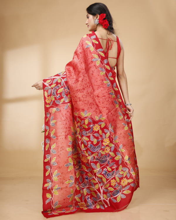 Nakshipar Peach and Red Crack Patly Pallu Design Murshidabad Silk Saree