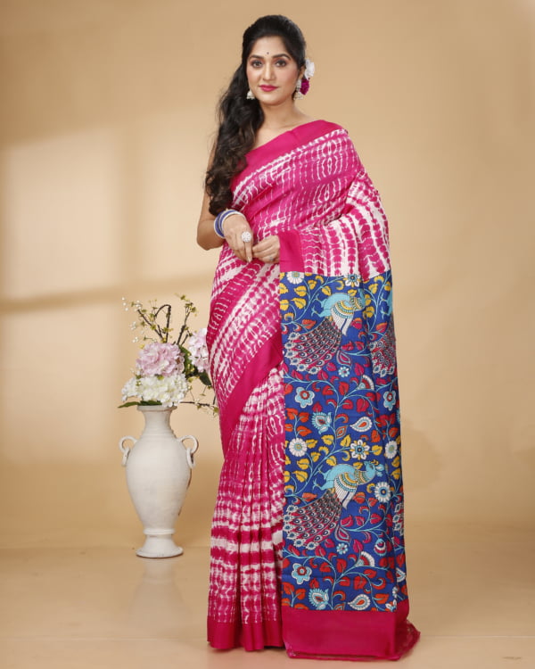 Nakshipar White & Pink Shivori Print With Kalamkari Pallu Murshidabad Silk Saree