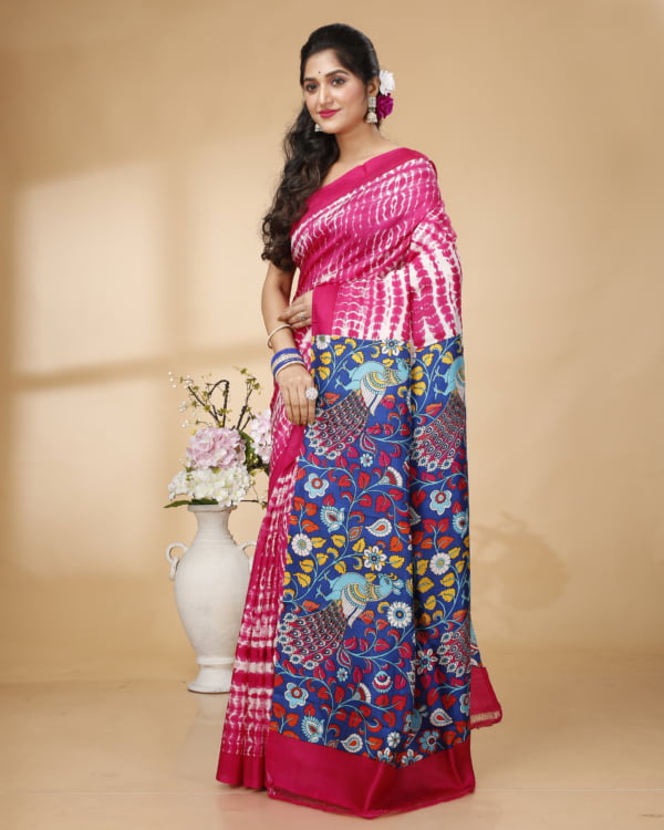 Nakshipar White & Pink Shivori Print With Kalamkari Pallu Murshidabad Silk Saree