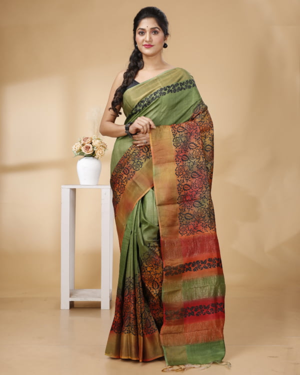 Nakshipar Green & Red Floral Design Zari Border Tussar Saree