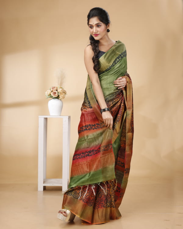 Nakshipar Green & Red Floral Design Zari Border Tussar Saree