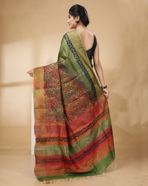 Nakshipar Green & Red Floral Design Zari Border Tussar Saree