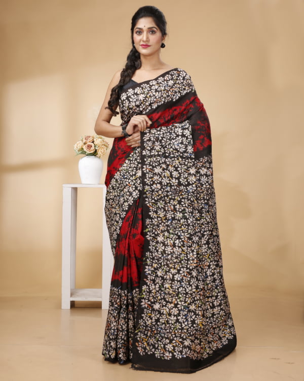 Nakshipar Red & Black With Floral Border & Pallu Saree