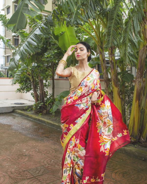 red floral printed saree