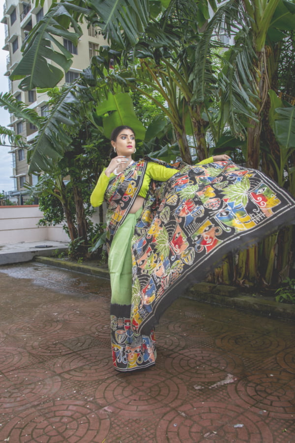 Cucumber Green Multicolor Abstract Batik Print Murshidabad Silk Saree by Nakshipar