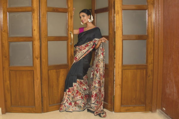 Black Floral Batik Murshidabad Silk Saree by Nakshipar
