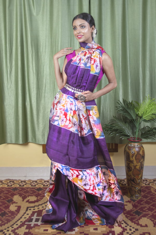 purple saree with floral print