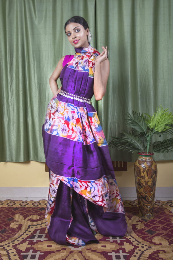purple saree with floral print