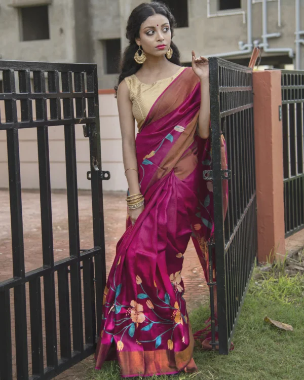 magenta, Tussar with Floral Printed