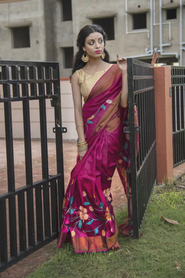 magenta, Tussar with Floral Printed