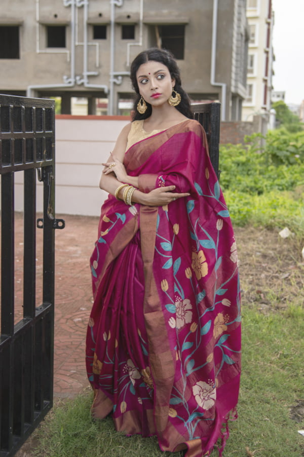 Magenta, Tussar Silk with Floral Printed Saree By Nakshipar
