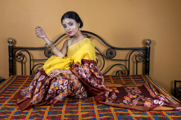 yellow saree , zari-border-yellow-batik-chanderi-silk