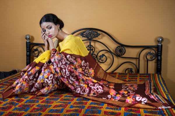 Multicolour Batik Print Yellow chanderi silk saree by Nakshipar