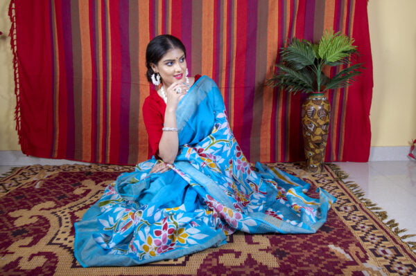 Pacific sky blue Chanderi Silk floral print saree by Nakshipar