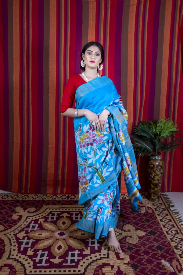 sky blue floral print saree