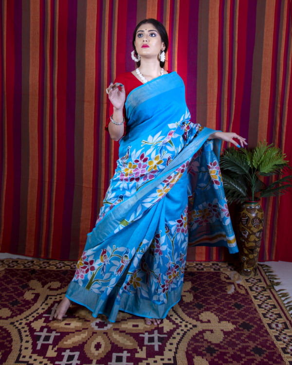 sky blue floral print saree