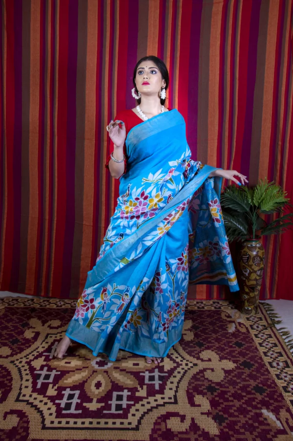 sky blue floral print saree