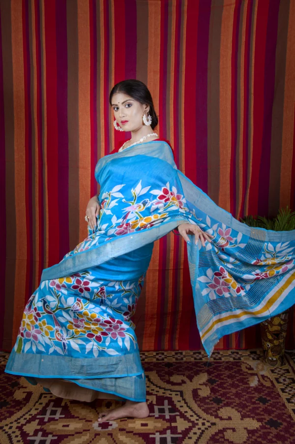 sky blue floral print saree