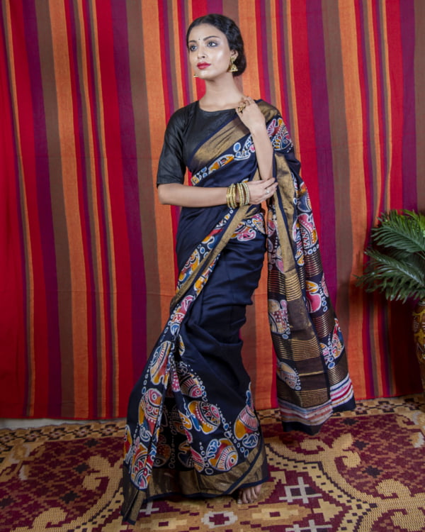 dark deep blue saree with fish print