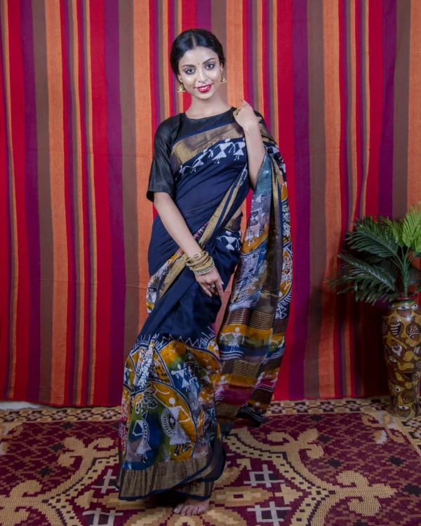 Navy Blue Chanderi Sillk Saree by Nakshipar