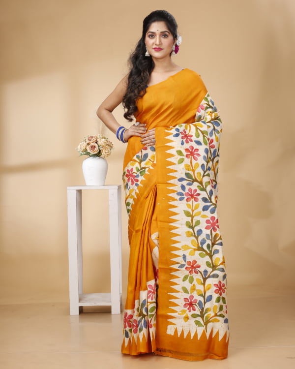 Nakshipar Orange Multicolour Floral Batik Print Saree