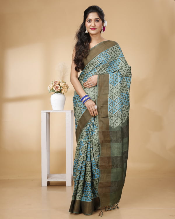 Nakshipar Green Abstract Print Zari Border Tussar Saree