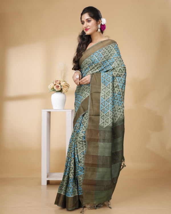 Nakshipar Green Abstract Print Zari Border Tussar Saree