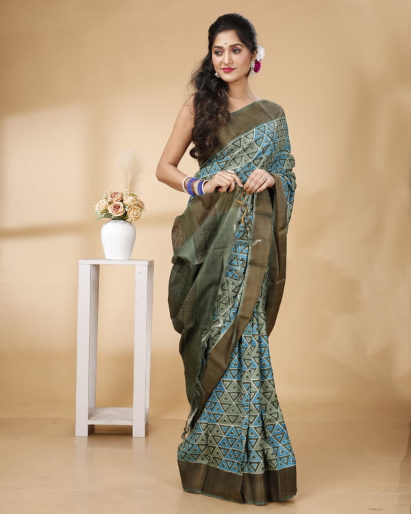 Nakshipar Green Abstract Print Zari Border Tussar Saree