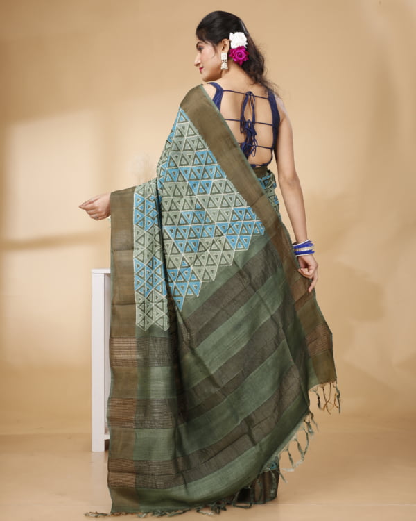 Nakshipar Green Abstract Print Zari Border Tussar Saree