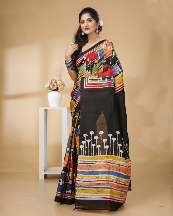 Nakshipar Black & Multicolour Batik on Pleats & Pallu With Reddish Orange Saree