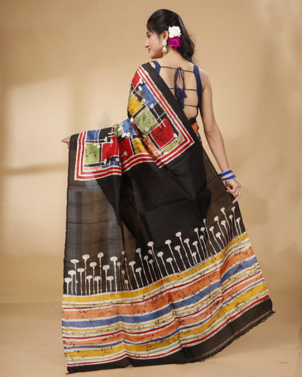 Nakshipar Black & Multicolour Batik on Pleats & Pallu With Reddish Orange Saree