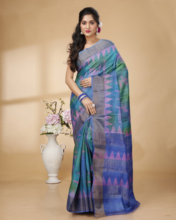 Nakshipar Blue and Green Abstract Print Zari Border Tussar Saree