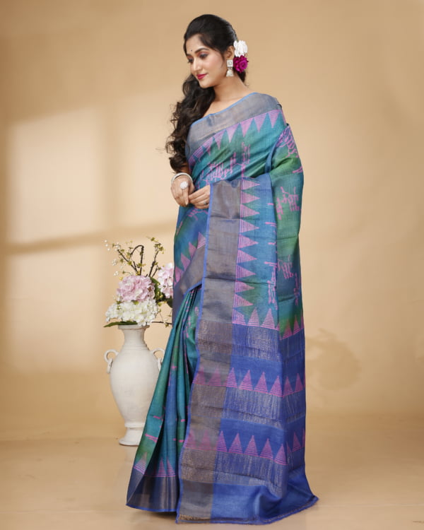 Nakshipar Blue and Green Abstract Print Zari Border Tussar Saree