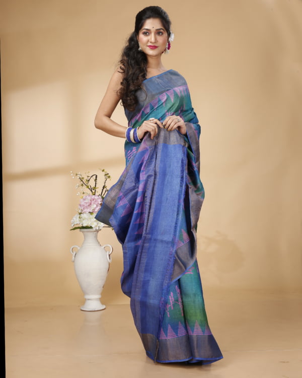 Nakshipar Blue and Green Abstract Print Zari Border Tussar Saree