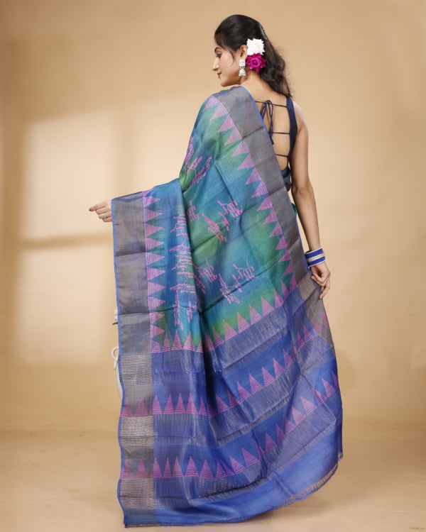 Nakshipar Blue and Green Abstract Print Zari Border Tussar Saree