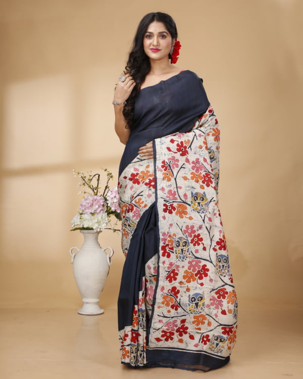 Nakshipar Black Base Multicolour Floral Print on White Batik Murshidabad Silk Saree