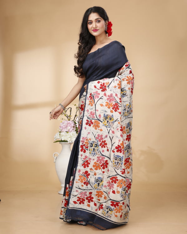 Nakshipar Black Base Multicolour Floral Print on White Batik Murshidabad Silk Saree