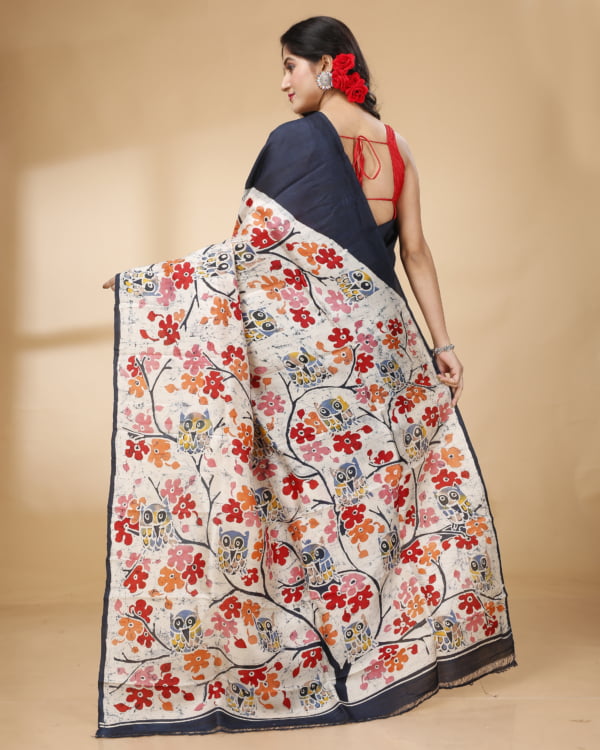 Nakshipar Black Base Multicolour Floral Print on White Batik Murshidabad Silk Saree