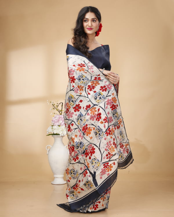 Nakshipar Black Base Multicolour Floral Print on White Batik Murshidabad Silk Saree